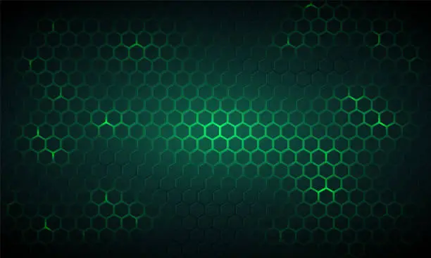 Vector illustration of Dark green technology hexagonal vector background. Abstract green bright energy flashes under hexagon in dark technology, modern, futuristic vector illustration.