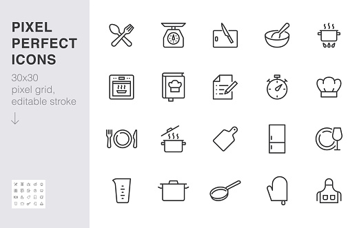 Cooking line icon set. Kitchen tools - pan, pot, dinner utensil, cookbook, chef hat minimal vector illustration. Simple outline sign of food recipe instruction. 30x30 Pixel Perfect, Editable Stroke.