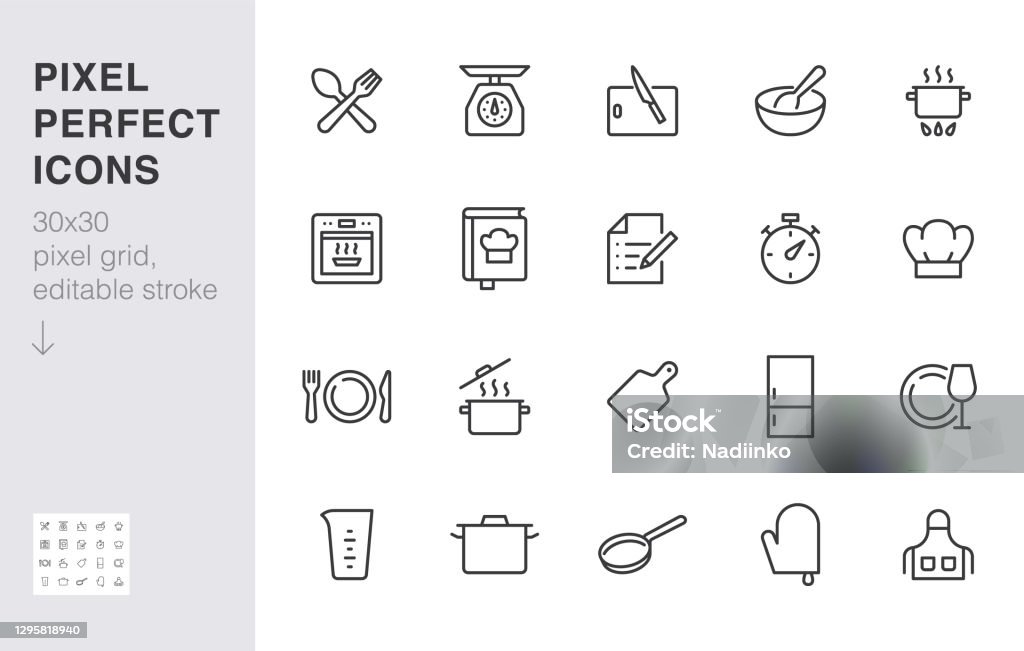 Cooking line icon set. Kitchen tools - pan, pot, dinner utensil, cookbook, chef hat minimal vector illustration. Simple outline sign of food recipe instruction. 30x30 Pixel Perfect, Editable Stroke Cooking line icon set. Kitchen tools - pan, pot, dinner utensil, cookbook, chef hat minimal vector illustration. Simple outline sign of food recipe instruction. 30x30 Pixel Perfect, Editable Stroke. Icon stock vector