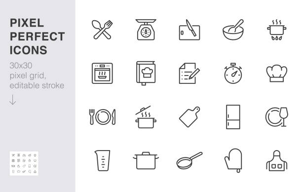 Cooking line icon set. Kitchen tools - pan, pot, dinner utensil, cookbook, chef hat minimal vector illustration. Simple outline sign of food recipe instruction. 30x30 Pixel Perfect, Editable Stroke Cooking line icon set. Kitchen tools - pan, pot, dinner utensil, cookbook, chef hat minimal vector illustration. Simple outline sign of food recipe instruction. 30x30 Pixel Perfect, Editable Stroke. ingredient stock illustrations
