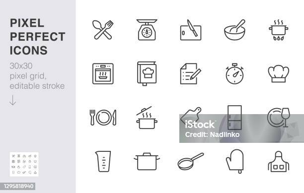 Cooking Line Icon Set Kitchen Tools Pan Pot Dinner Utensil Cookbook Chef Hat Minimal Vector Illustration Simple Outline Sign Of Food Recipe Instruction 30x30 Pixel Perfect Editable Stroke Stock Illustration - Download Image Now
