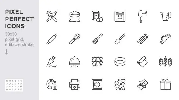 Vector illustration of Bakery line icon set. Baking tool - confectionery bag, dough roll, cake decorating, pastry ingredient minimal vector illustration. Simple outline sign of cooking. 30x30 Pixel Perfect, Editable Stroke