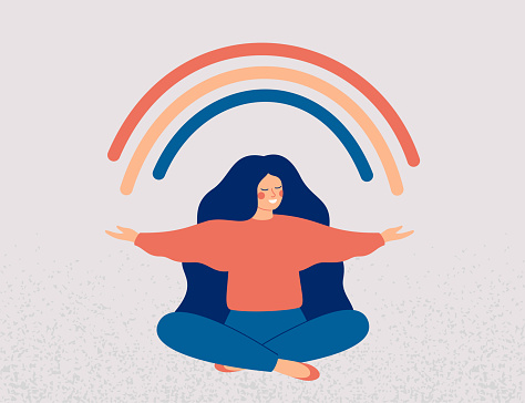 Happy woman sits in lotus pose and open her arms to the rainbow. Smiled girl creates good vibe around her. Smiling female character enjoys her freedom and life. Body positive and health care concept