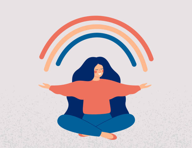 Happy woman sits in lotus pose and open her arms to the rainbow. Smiled girl creates good vibe around her. Smiling female character enjoys her freedom and life. Happy woman sits in lotus pose and open her arms to the rainbow. Smiled girl creates good vibe around her. Smiling female character enjoys her freedom and life. Body positive and health care concept mental wellbeing stock illustrations
