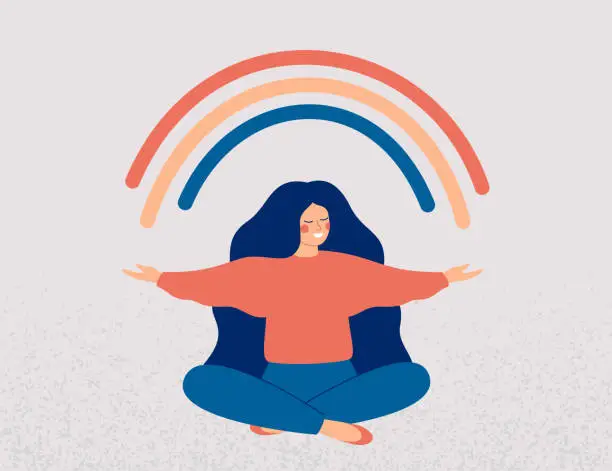 Vector illustration of Happy woman sits in lotus pose and open her arms to the rainbow. Smiled girl creates good vibe around her. Smiling female character enjoys her freedom and life.