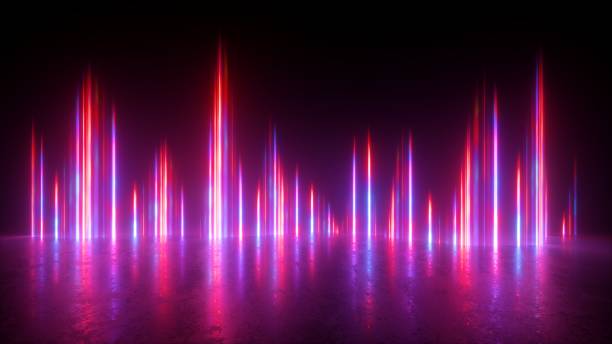 istock 3d render, abstract neon background with red pink laser rays glowing in the dark. Vertical lines 1295819121