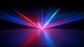 3d render, abstract background with red blue laser rays. Bright projector shining on the dark empty stage, neon light