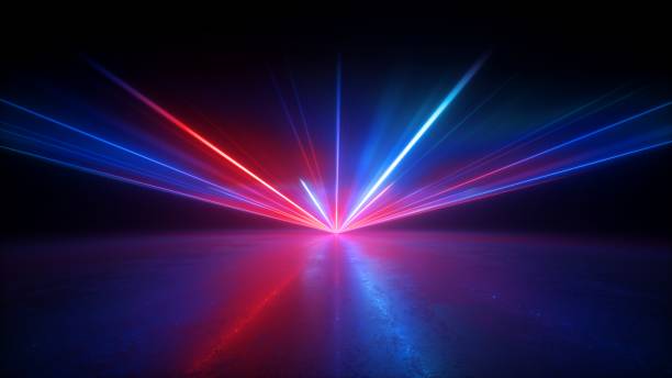 3d рендер, абстрактный фон с красными синими лазерными лучами. яркий проектор, сияющий на темной пустой сцене, неоновый свет - neon light стоковые фото и изображения