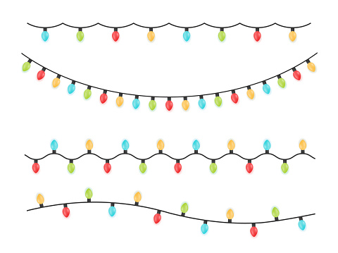 Catalog of Christmas lights. Collection of colorful and festive garlands on a white transparent background.