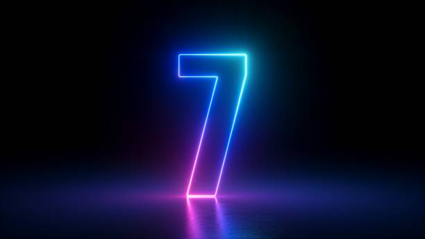 3d render, number seven glowing in the dark, pink blue neon light 3d render, number seven glowing in the dark, pink blue neon light number 7 stock pictures, royalty-free photos & images