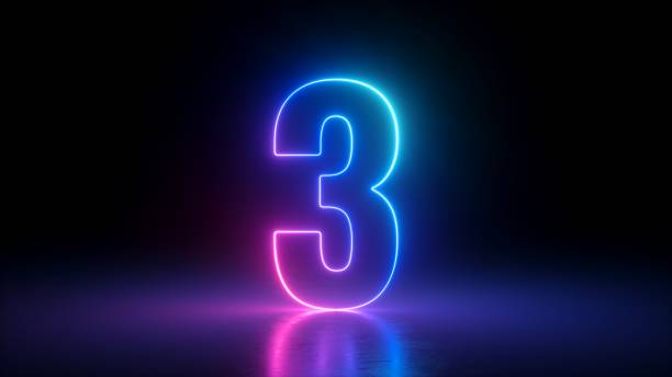 istock 3d render, number three glowing in the dark, pink blue neon light 1295819235