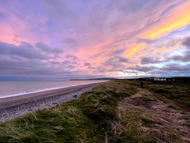 istock gorgeous orange sunset on grassy walk near beach 1295820104