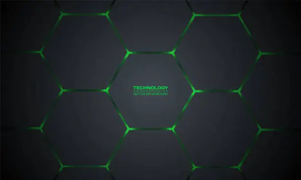 Vector illustration of Dark gray and green hexagonal technology vector abstract background. Green bright energy flashes under hexagon in modern technology futuristic background. Dark gray honeycomb texture grid.