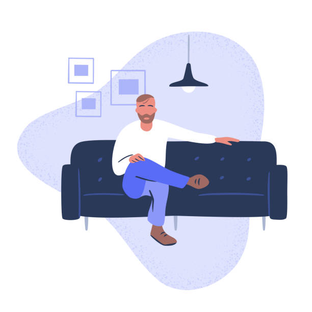 illustration von lässigen jungen mann auf stilvollen couch sitzen - sitting men white background people stock-grafiken, -clipart, -cartoons und -symbole