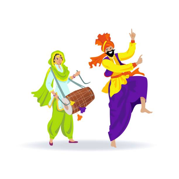 행복한 다채로운 시크교 부부, 터번 댄스 반라의 수염을 기른 남자, 축제, 결혼식, 파티에서 홀 드럼을 연주하는 녹색 펀잡 정장의 즐거운 젊은 아가씨. 흰색 배경에 격리 된 만화 문자 - bhangra stock illustrations