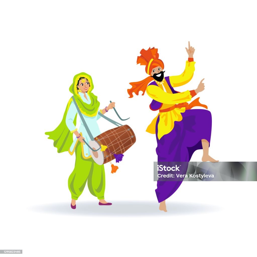 Happy Colorful Sikh Couple Bearded Man In Turban Dancing Bhangra Joyful  Young Lady In Green Punjabi Suit Playing Dhol Drum At Festival Wedding  Party Isolated Cartoon Characters On White Background Stock Illustration -