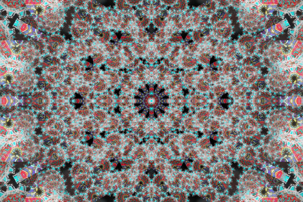 Teal mandala artwork. Smooth spread of ink explosion, kaleidoscopic background. Beautiful multicolor kaleidoscope texture. Abstract paint brush ink explode spread smooth concept. Movement geometric circle and star shapes. Glowing mandala artwork 3d illustration