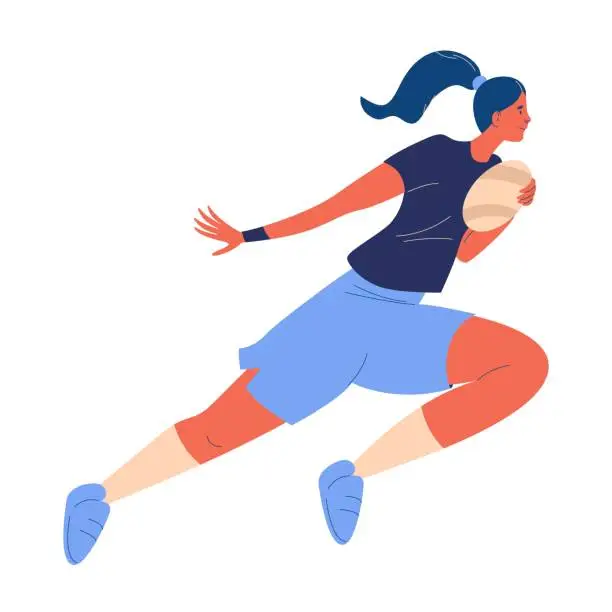 Vector illustration of Young woman running with rugby ball. Vector sport illustration with young healthy female character.