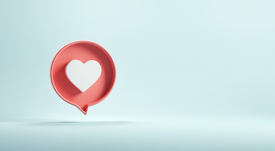 Valentine's Day concept, Icon social media notification with love or heart icon on blue background, Copy space, 3D rendering