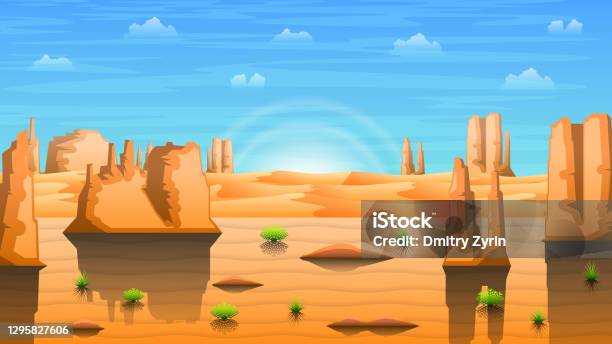 Abstract Sky Desert Background With Sand Mountains Clouds And Sun Vector  Design Style Nature Landscape Stock Illustration - Download Image Now -  iStock