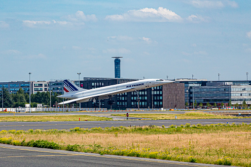 Paris, France - June 13, 2015: concorde at the airport of Roissy in Paris to remember the most elegant and  only supersonic passsenger aircraft in the world.