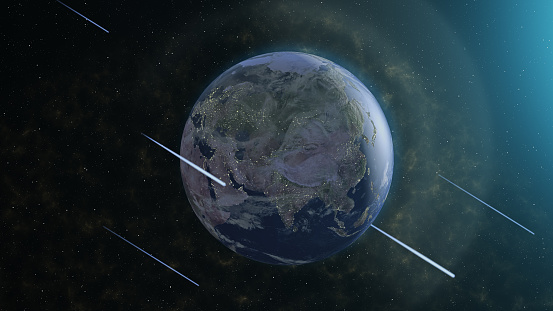 3D Earth meteor shower scene created and modelled in Adobe After Effects and the planet textures are taken from Solar System Scope official website (https://www.solarsystemscope.com/textures/)