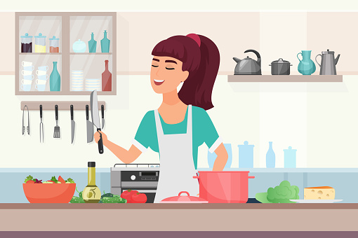 Ilustración de Chica Cocinando Comida Mujer Joven De Dibujos Animados En  Delantal Sosteniendo Cuchillo Para Cocinar La Cena y más Vectores Libres de  Derechos de Cocinar - iStock