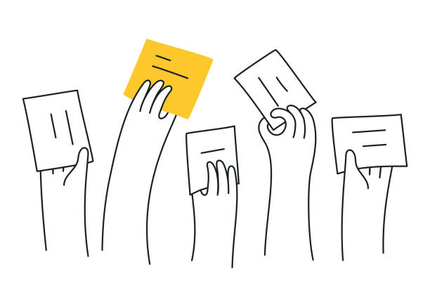 E-auction, The voting process, bidding - Vector The voting process, bidding, hands raised up with papers. Sale and buy. Thin outline vector illustration on white voting stock illustrations