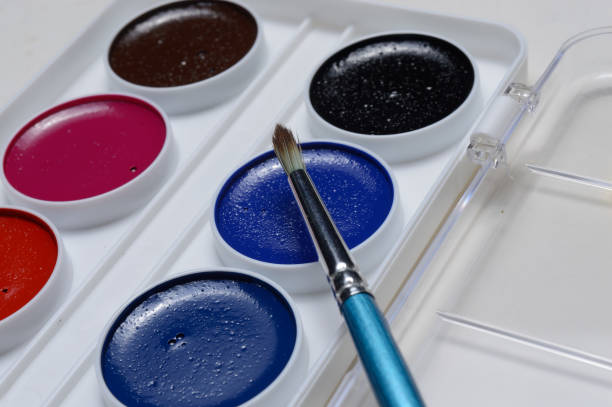 istock multicolored paints for drawing in a palette and a brush. on a light background close-up. 1295832347
