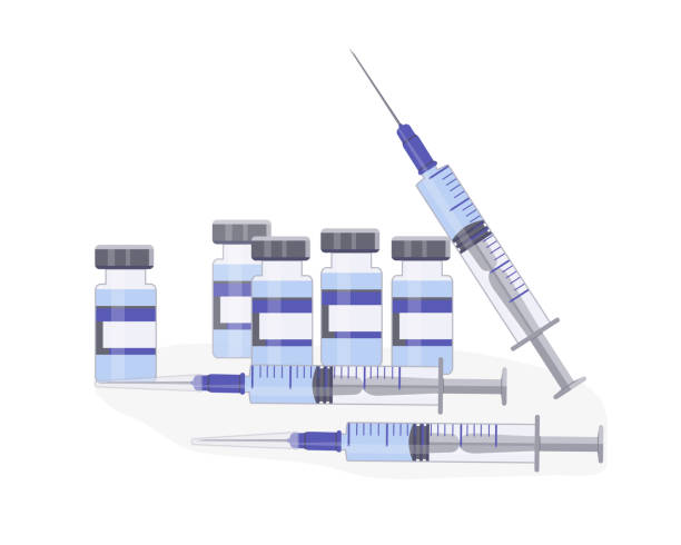 Glass ampoules and medical syringes. Protection against viruses and disease. Coronavirus vaccine. Timely vaccination. Template design of ampoule of medicine for cosmetology. Glass ampoules and medical syringes. Protection against viruses and disease. Coronavirus vaccine. Timely vaccination. Template design of ampoule of medicine for cosmetology. Vector illustration botox bottle stock illustrations