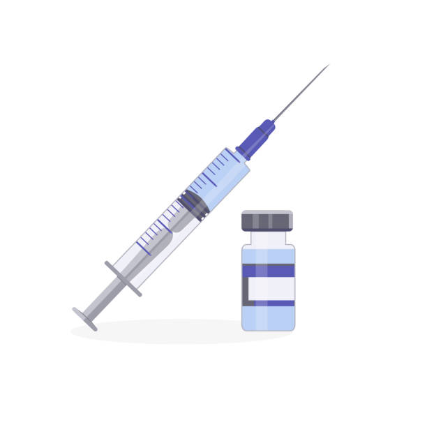 Glass ampoule and syringe. Protection against viruses and disease. Coronavirus vaccine. Timely vaccination. Template design of a drug ampoule Glass ampoule and syringe. Protection against viruses and disease. Coronavirus vaccine. Timely vaccination. Template design of a drug ampoule. Vector illustration, isolated on white background botox bottle stock illustrations