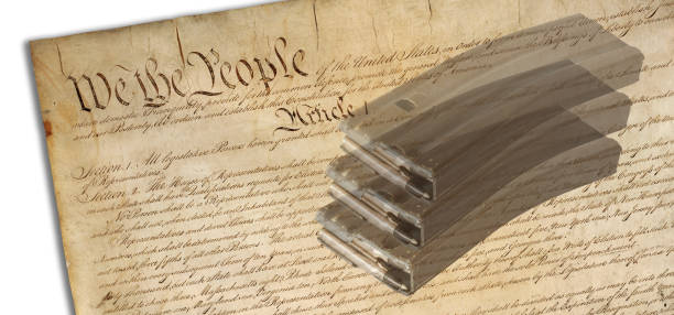 Public domain U.S. constitution image with three high capacity AR-15 magazines ghosted in on top