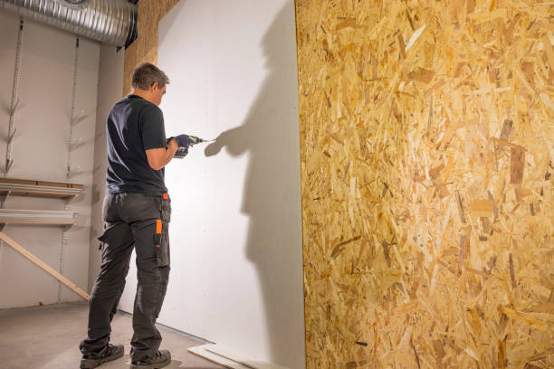istock Close up view of worker building interior partition wall. Construction concept. 1295835142