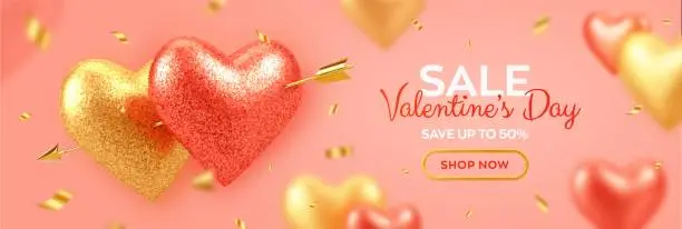 Vector illustration of Valentines day sale banner. Couple shining realistic red and gold heart shaped balloons with glitter texture pierced by cupids golden arrow and confetti. Background, flyer, greeting card. Vector.