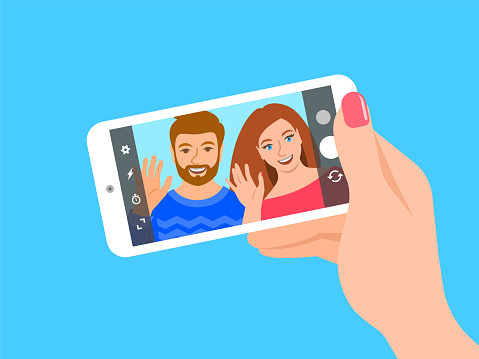 Modern selfie concept. Flat vector illustration. Young couple posing for selfie and holding smart phone in a hand. Woman and man take a photo of themselves by mobile phone camera for social media