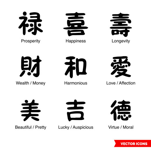 ilustrações, clipart, desenhos animados e ícones de símbolos chineses de bem-estar conjunto de ícones de tipos preto e branco. símbolos isolados de sinal vetorial. pacote de ícones - escrita chinesa