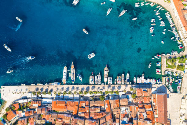 Aerial view of the harbour in Hvar town, Croatia stock photo