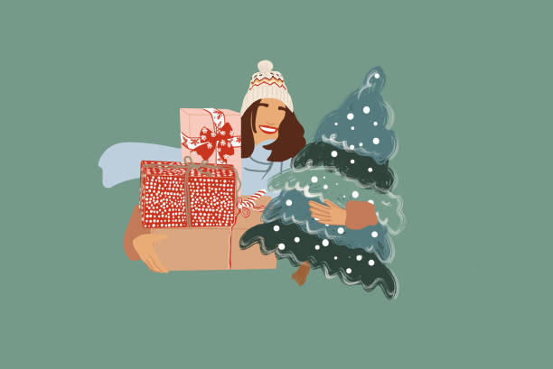 istock Woman with gift boxes smiling. Vector illustration in pastel tones. 1295841488