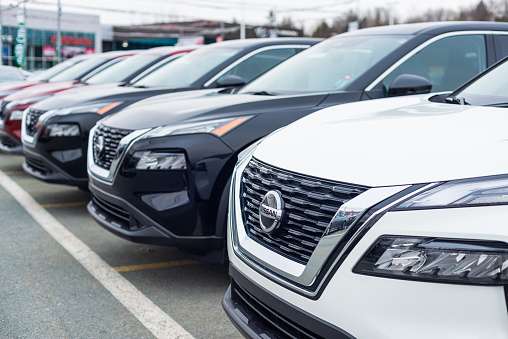 Dartmouth, Canada - January 10, 2021 - 2021 Nissan Rogue sport utility vehicles at a dealership.