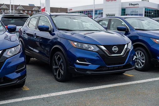 Dartmouth, Canada - January 10, 2021 - 2020 Nissan Rogue sport utility vehicle at a dealership.