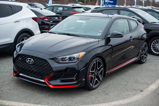 Dartmouth, Canada - January 10, 2021 - 2021 Hyundai Veloster N hatchback at a dealership.