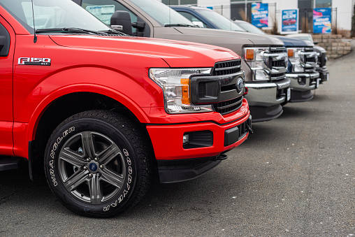 Dartmouth, Canada - January 10, 2021 - New model Ford-150 pickup trucks at a dealership.