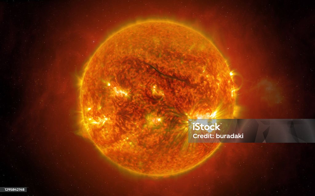 The Sun in Space. View of the Sun from space. The Sun is the star at the center of the Solar System. Sci-fi background. Elements of this image furnished by NASA. ______ Url(s): 
https://images.nasa.gov/details-PIA23405
https://www.nasa.gov/content/goddard/one-giant-sunspot-6-substantial-flares/
Software: Adobe Photoshop CC 2015. Knoll light factory. Adobe After Effects CC 2017. Star - Space Stock Photo