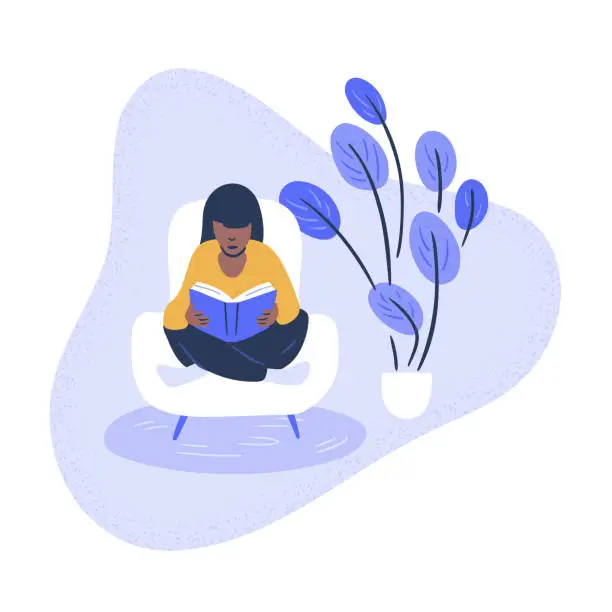 Vector illustration of Illustration of woman reading book in comfortable armchair