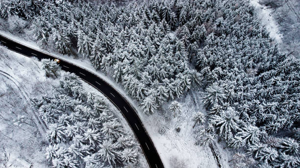 istock Road through wintery landscape - aerial view 1295843101
