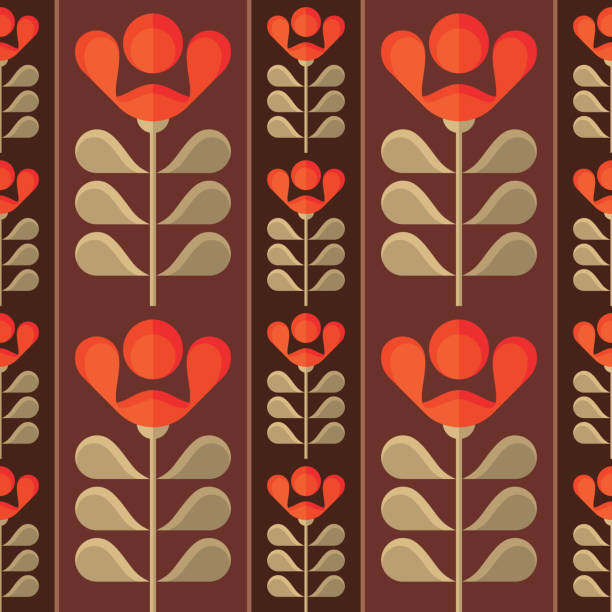 Seamless pattern flowers and leaves. Mid-century modern art vector background. Abstract geometric. Tulips decorative ornament in retro vintage design style. Floral spring, summer, autumn. Seamless pattern flowers and leaves. Mid-century modern art vector background. Abstract geometric. Tulips decorative ornament in retro vintage design style. Floral spring, summer, autumn. brown background illustrations stock illustrations