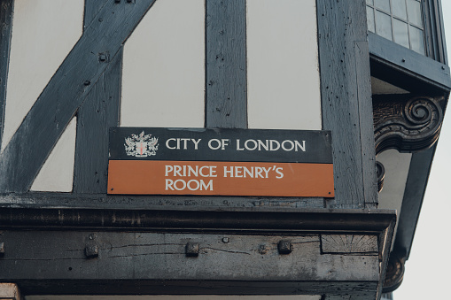 London, UK - November 19, 2020: Sign outside Prince Henry's Room on 17 Fleet Street in the City of London, one of the few houses which survived the 1666 Great Fire of London.
