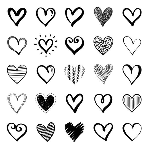 Hearts Set of hand drawn vector hearts. Design elements isolated on white background. black and white heart stock illustrations