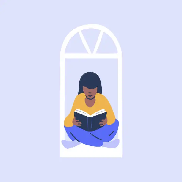 Vector illustration of Illustration of young woman reading book in window frame