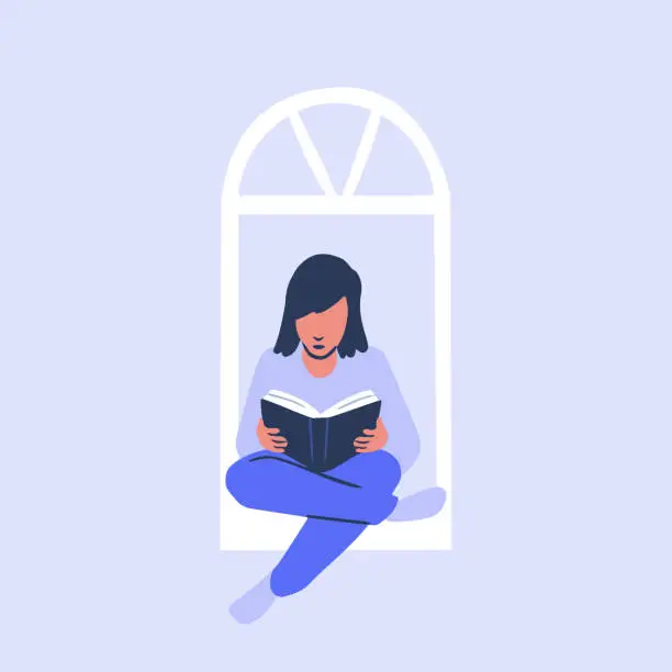 Vector illustration of Illustration of young woman reading book in window frame